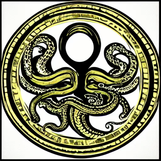 Image similar to an emblem containing a kraken in the center, with snakes as tentacles, 4k