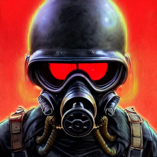 Image similar to commission of a man wearing a black helmet and a black gas mask,red glowing eyes,digital art,crazy detail,hyperdetailed,hyperrealistic,photorealistic,art by greg rutkowski,trevor henderson,artstation,deviantart,eerie,western comic style,comic,sharp lineart,half fire