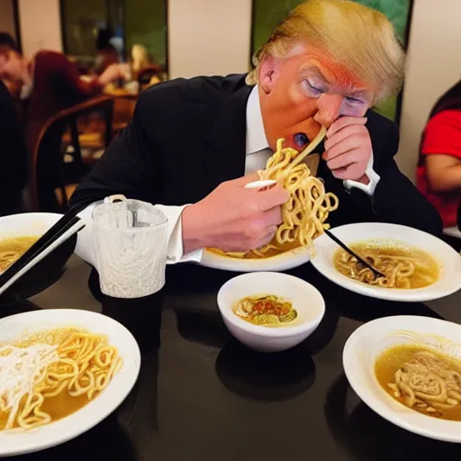 Image similar to Donald Trump eating ramen noodles in a restaurant