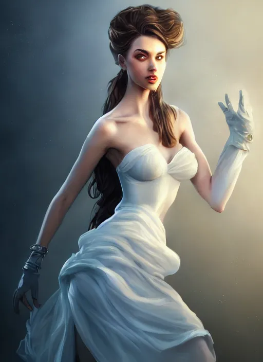 Image similar to beautiful fashion goddness, strapless dress, character portrait in the style of thomas river and artgerm, wlop, cinematic lighting, hyperdetailed, 8 k realistic, symmetrical, global illumination, radiant light, halo, love and mercy, frostbite 3 engine, cryengine, dof, trending on artstation, digital art, chanel