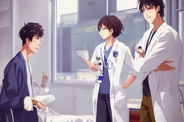 Image similar to a cute and beautiful young female doctor wearing white coat are talking with a handsome young man wearing white coat in a hospital ward, highly detailed, digital painting, slice of life anime, illustration, anime scenery by Makoto shinkai