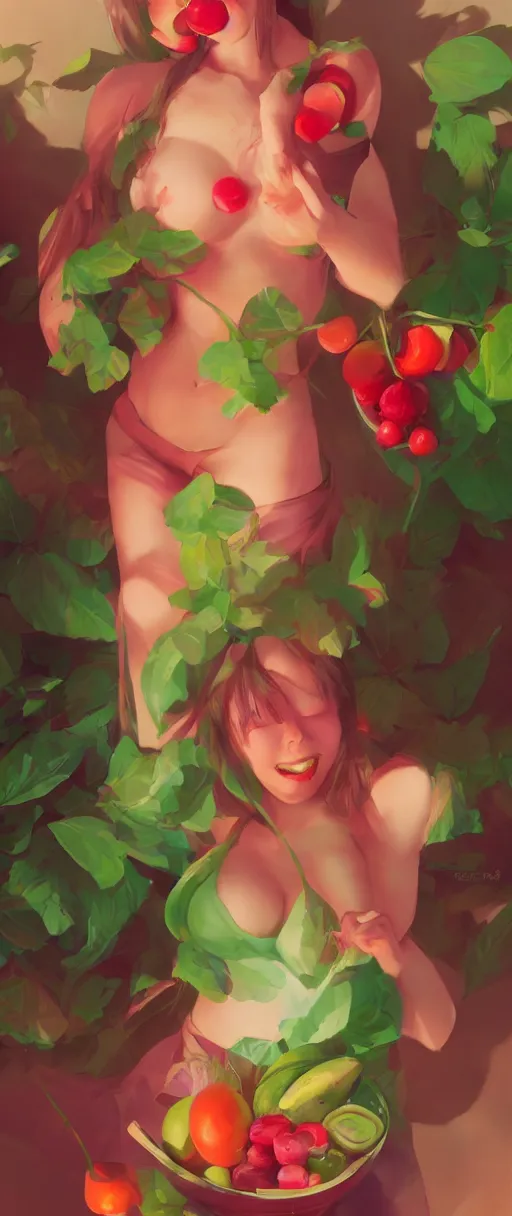 Image similar to 🍉🍒🥝🥬🥒🍑, joyful vibe and lighting, cgsociety, artstation, in the style of artgerm