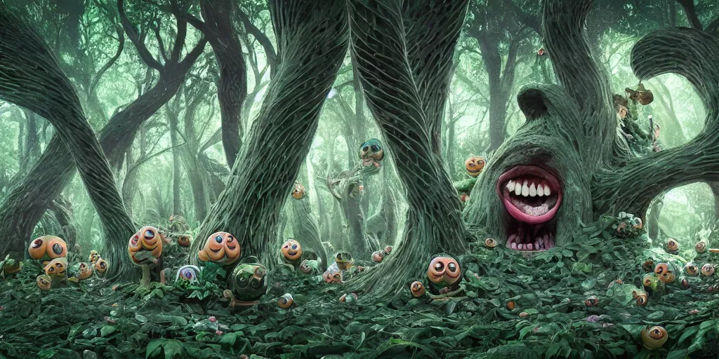 Image similar to of an intricate forest with strange cute friendly happy creatures with huge eyes, mouth, long tongue, round teeth and goofy face, appearing from the background, in the style of gehry and gaudi, macro lens, shallow depth of field, ultra detailed, digital painting, trending artstation, concept art, illustration, cinematic lighting, photorealism, epic, octane render