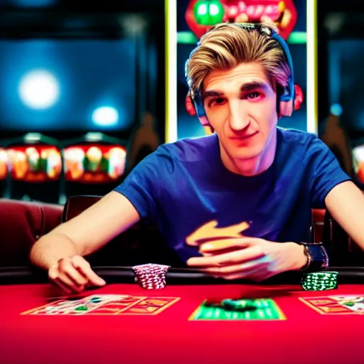 Image similar to film still of xqc gambling in Vegas, 4k, photorealism, artstation style