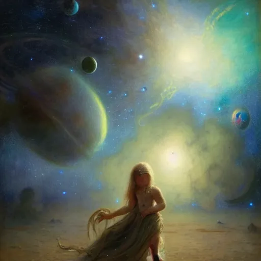 Image similar to a lonley and gloomy baby in middle of space surrounded by colorful stars planets and galaxies, high detail, by gaston bussiere, bayard wu, greg rutkowski, odd nerdrum, maxim verehin, dan dos santos, masterpiece, sharp focus, cinematic lightning