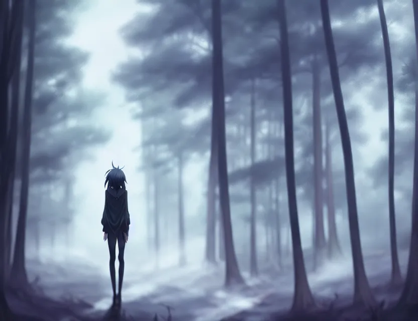 Image similar to a demonic figure coming out of the woods. lots of fog, by nashimanga, anime illustration, anime key visual, beautiful anime - style digital painting by wlop, amazing wallpaper