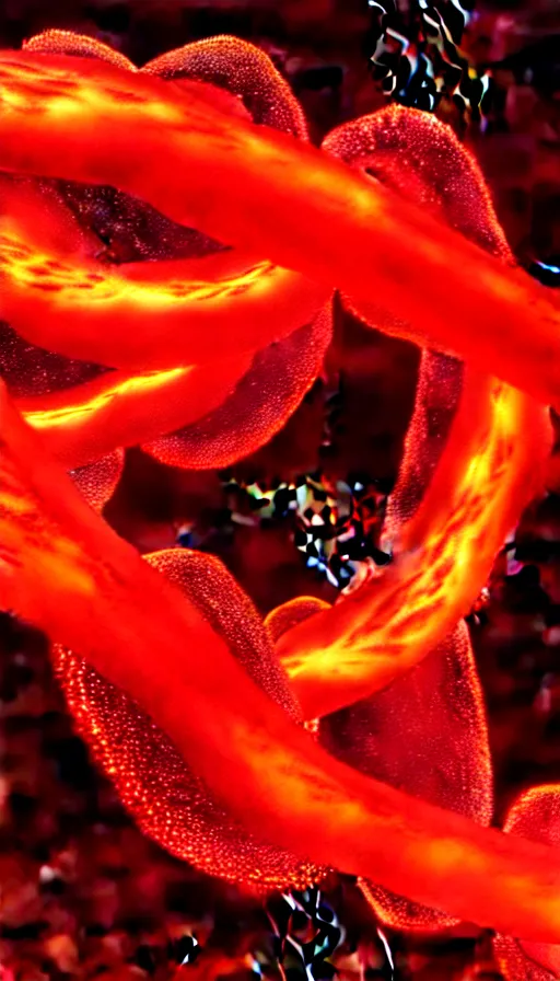 Image similar to 8 k uhd houdini recursive dna structure, background radiant swirling smoke wisps, gold red cream palette, volumetric lighting, 1 8 mm lens