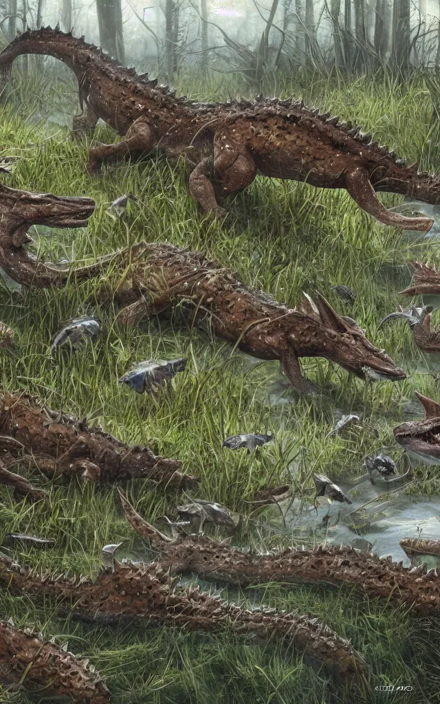 Image similar to lot of diplocaulus and hallucigenias living in a swamp, photorealistic, highlydetailed, paleoart