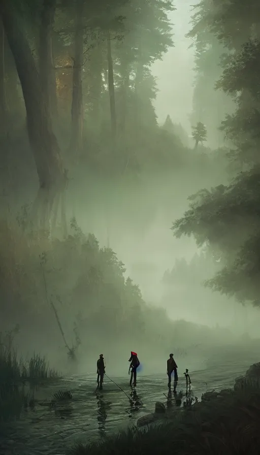 Image similar to muslim adventurers walking along the river bank in a forest, an epic fantasy, dramatic lighting, cinematic, extremely high detail, photorealistic, cinematic lighting, matte painting, artstation, 50mm lens, by simon stalenhag, horizon forbidden west