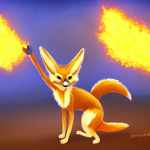 Prompt: An anthropomorphic fennec character from the furry fandom wearing a blue sweatshirt and holding fireballs in a fighting pose, digital painting, artstation, furry fandom, furaffinity