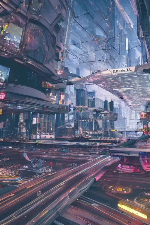 Image similar to a futuristic cyberpunk los angeles with flying traffic and mega structures