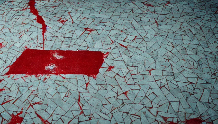 Prompt: 60s movie still of a sovietic stalinist style empty room little mosaic tiles floor a blood trace on a the floor, cinestill 800t 50mm eastmancolor, liminal Space style, heavy grain-s 150