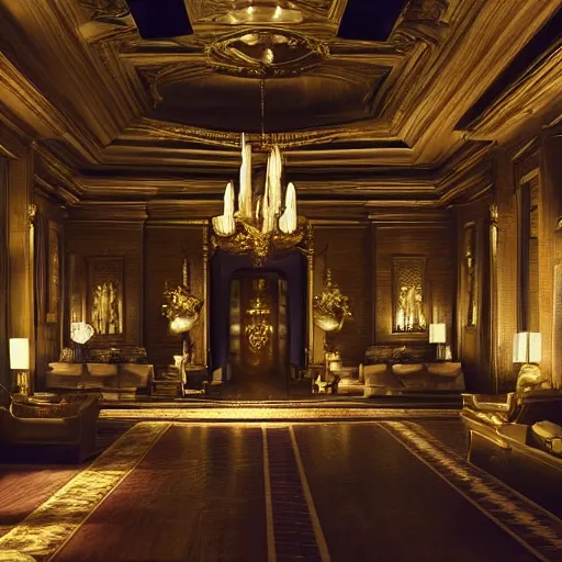 Image similar to upscale mysterious private auction, unnameable relics on display, moody lighting, extravagant details, lobby in the distance, elite