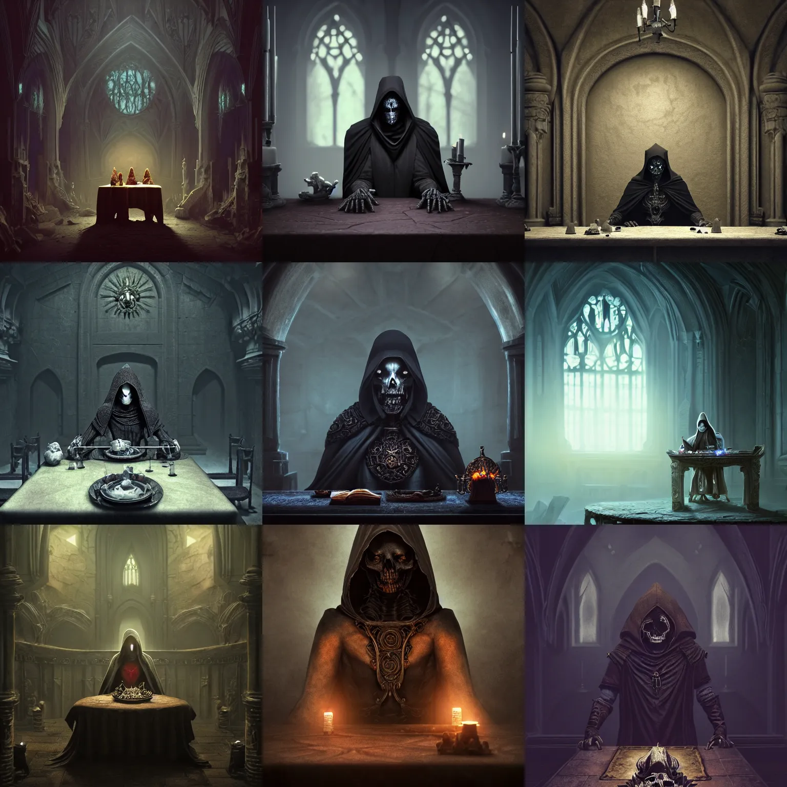 Prompt: necromancer sitting at table, wearing a dark ornate hood, close-up, dark stone room, filled with shadows, fantasy, low visibility, low brightness, gray stone, oppressive, shadows, crypt, midnight, 4k, bones, very realistic, octane render, dark colors, matte colors, by Jessica Rossier, by artgerm