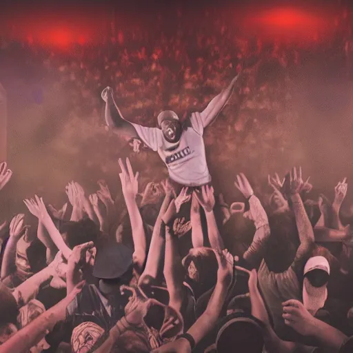 Prompt: an old school hip hop concert taking place on a basketball court behind a large brick apartment at night, many people dancing with their hands in the air, a rapper is standing on stage yelling into the mic, a dj with audio equipment at the back of the stage, hyperrealistic painting, foggy, light streaks