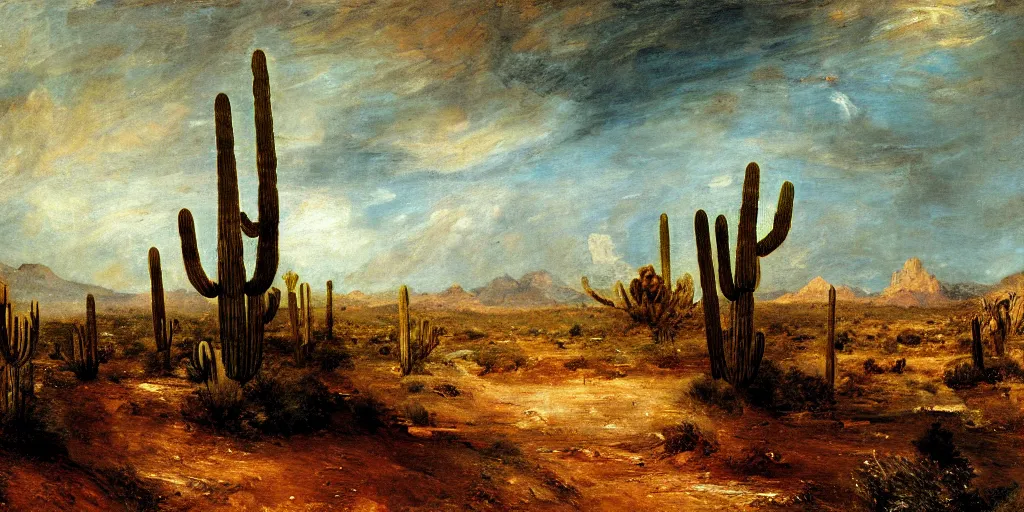 Prompt: Arizona desert, the passage of time, Oil Paint, Overdimensional, Beautiful Lighting, by John Constable