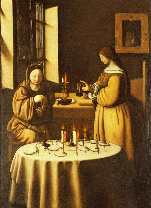 Image similar to a candlelit table at the inn, two people sitting at the table, swirling smoke, dark smoke, realistic, in the style of leonardo da vinci, dutch golden age, amsterdam, medieval painting by jan van eyck, johannes vermeer, florence