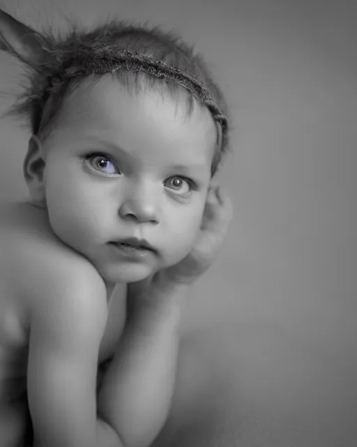 Prompt: annie leibovitz headshots of an adorable human infant rabbit hybrid, 5 0 mm soft focus