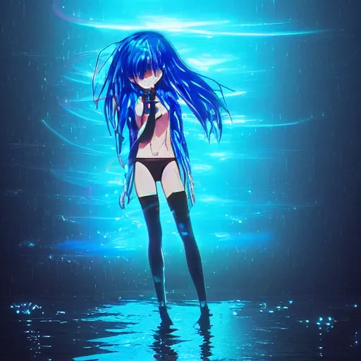 Image similar to digital anime!!, cyborg - girl standing in a azure blue crystal lake, lightning, raining!!, water refractions!!, black red long hair!, biomechanical details, neon background lighting, reflections, wlop, ilya kuvshinov, artgerm