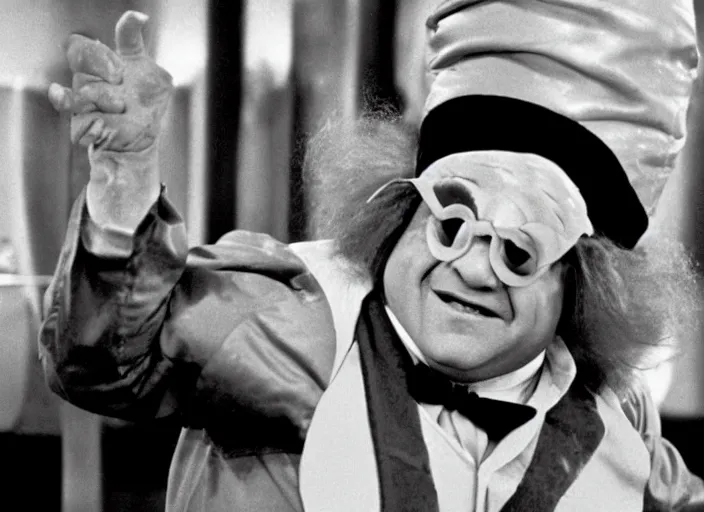 Image similar to film still of Danny Devito as an Oompa Loompa in Willy Wonka and the Chocolate Factory 1971