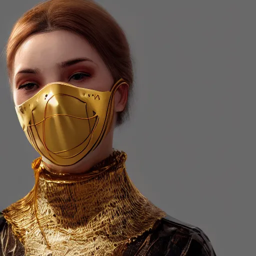 Prompt: a portrait of a woman wearing a mask over her mouth made of golden wire, speculative fashion, highly detailed 8k photography, cinematic lighting, trending on artstation H 768