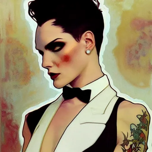 Image similar to stunning portrait of androgynous ruby rose as desire from sandman in a white tuxedo!!!, rockabilly style,, by alphonse mucha, by jeremy mann, by peter lindbergh, dave mckean, by frank moth, white suit and black tie, soft lightning, high detailed, 8 k