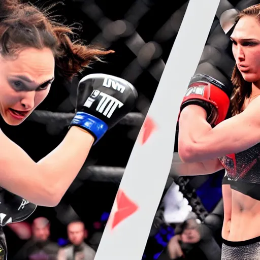 Prompt: gal gadot beating up ronda rousey in a mma fight