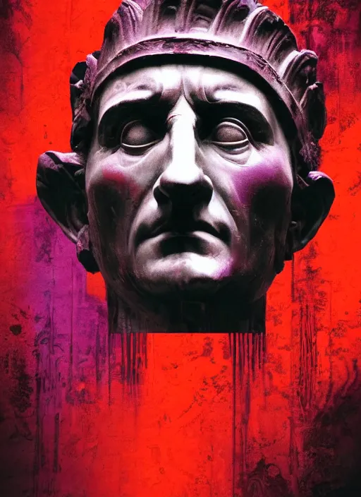 Prompt: elegant dark design poster showing a statue of julius caesar, black background with very subtle red and purple design elements, soft edges, powerful, nekro, vito acconci, thin straight purple lines, dark, glitch art, neo vaporwave, gritty, layout frame, square, trending on artstation