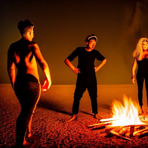 Image similar to photograph of three ravers, two men, one fully clothed woman, photographed from behind, talking around a fire, photorealistic, dancefloor kismet, diverse costumes, clean composition, desert transition area, bonfire, night, australian desert, xf iq 4, symmetry, sony a 7 r, 1 5 0 mp, 5 0 mm