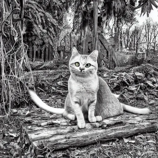 Prompt: a cat living in a post apocalyptic world, ruines, lush trees and beautiful gardens, remnants of the old civilization that once lived, highly detailed photograph.