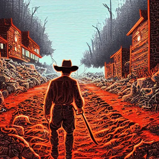 Image similar to cowboy walking into ruined town, nightime, highly detailed, artwork by dan mumford, blood red moon