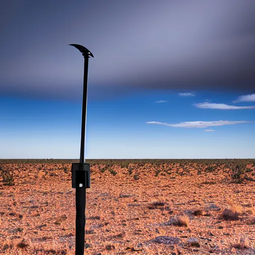 Image similar to mobile camoflaged rugged weather station sensor antenna for monitoring the australian desert, XF IQ4, 150MP, 50mm, F1.4, ISO 200, 1/160s, dawn