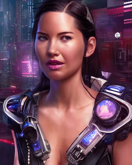 Prompt: a portrait of Olivia Munn as a beautiful 28th century cyberpunk female very young with long hair, largely biomechanical, hyper-realistic, very detailed, intricate, very sexy pose, slight smile expression, unreal engine, by Artgerm, WLOP and Ross Thran, dramatic cinematic lighting rendered by octane, 8k, detailed, trending on artstation, deviantart, google images, pinterest