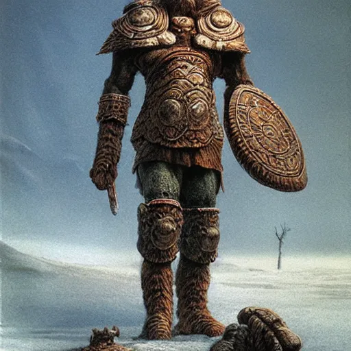 Image similar to mammoth rider concept art, clad in ancient norse armor, beksinski