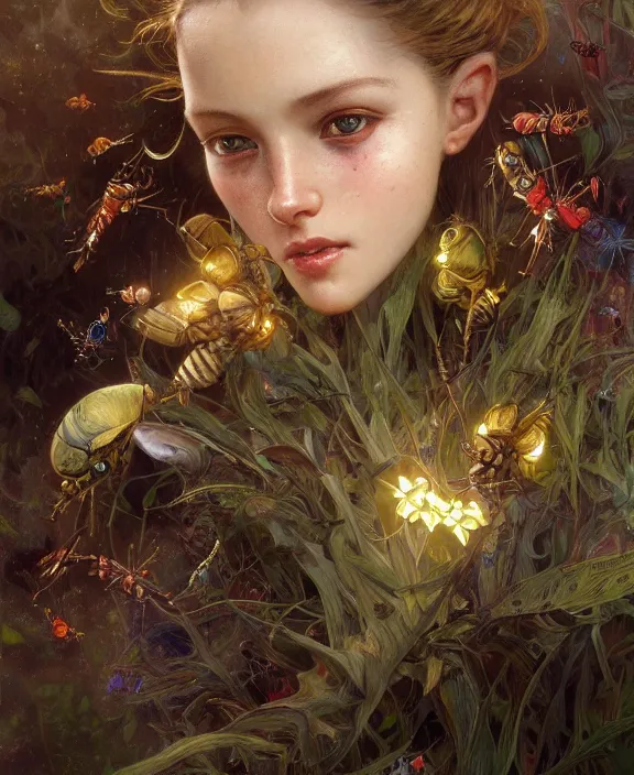 Image similar to portrait of a insect creature, adorable, childlike, milky way environment, ultra realistic, concept art, intricate details, cheerful, highly detailed, photorealistic, octane render, 8 k, unreal engine. art by christopher marley and artgerm and greg rutkowski and alphonse mucha