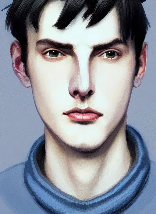 Image similar to portrait of teenage jughead jones wearing a light grey crown, crown, blue turtleneck, 1 9 5 0 s, closed eyes, photorealistic, black hair, glowing lighting, intricate, elegant, glowing lights, highly detailed, digital painting, artstation, concept art, smooth, sharp focus, illustration, art by wlop, mars ravelo and greg rutkowski