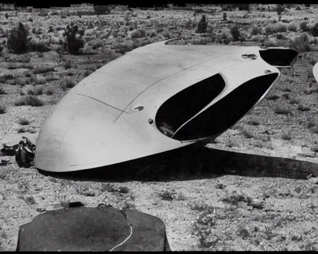 Prompt: a futuristic sci-fi alien scout craft, crashed in roswell, 1947, early black and white photo, cdx