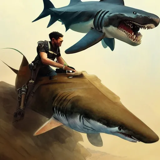 Image similar to a raptor holding a rocket launcher riding a shark, highly detailed, digital painting, artstation, concept art, smooth, sharp focus, illustration, art by artgerm and greg rutkowski and alphonse mucha