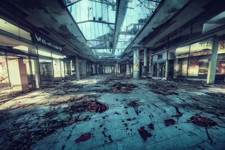 Image similar to low wide angle photo of a abandoned cyberpunk shopping mall with dead human bodies on the floor, a crew of high tech soliders are running out, cinematic lightning, ray tracing, unreal engine, photorealistic, detailed, dark, moody, foggy, scary