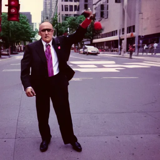 Prompt: Rudy Giuliani standing on the corner begging for change. Confused, sweaty, delirious and unhinged. CineStill.