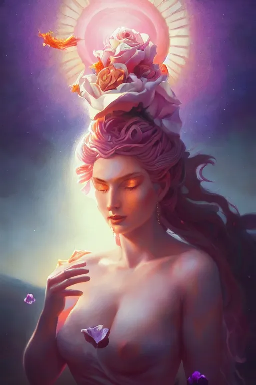 Image similar to the goddess of the sun by Peter mohrbacher, hyper realistic, octane render, stardust in atmosphere, black and purple rose petals , realistic hair, award winning artwork, trending on artstation, high quality printing, fine art with subtle redshift rendering