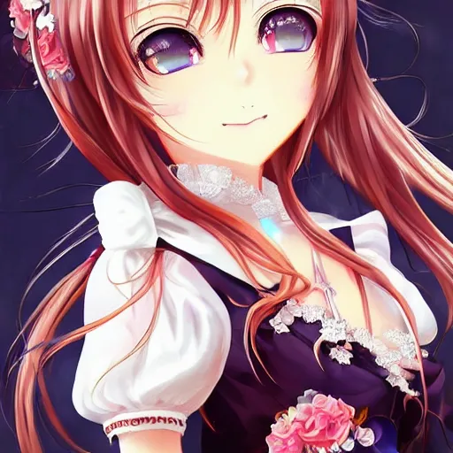 Prompt: beautiful illustration of anime maid, stunning and rich detail, pretty face and eyes. 3D style, Pixiv featured.