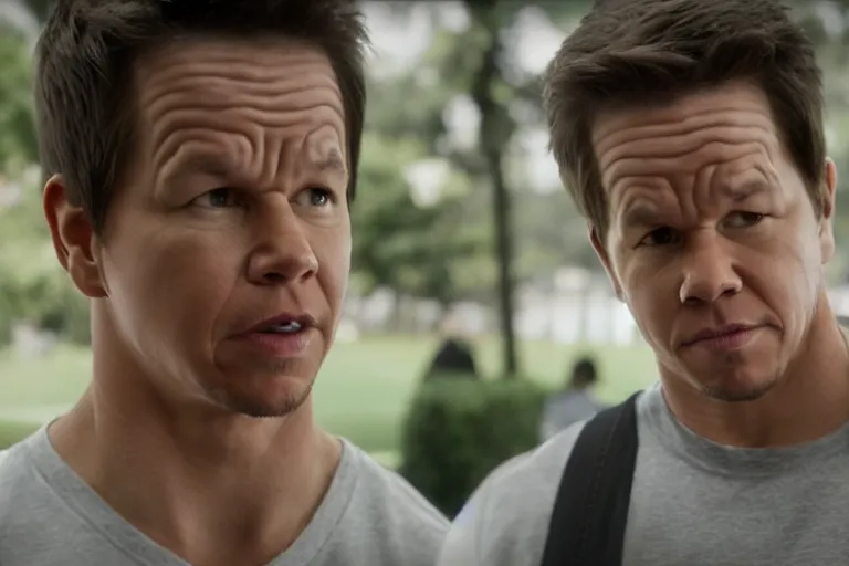 Image similar to mark wahlberg as matt daemon, all faces are distorted contorted, shock, repulsion, disgust, frustration, annoyance, laughter, smirk, snicker, cinematic still, movie still, long lens, shallow depth of field, bokeh, anamorphic lens flare, 8 k