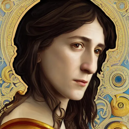 Image similar to portrait of charlotte gainsbourg as joan of arc in armor, hyperrealistic digital painting, iconography influenced by alphonse mucha and eugene delacroix, arstation and deviantart trends, high resolution 8 k