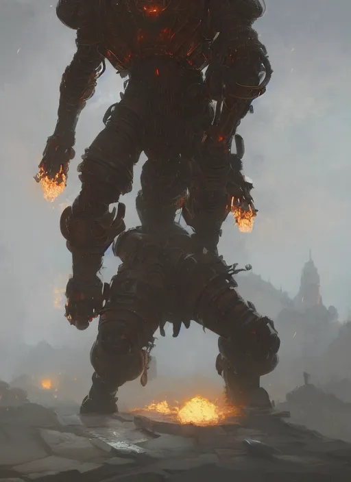 Image similar to a photorealistic dramatic hyperrealistic render of an armored fire golem by wlop, greg rutkowski, alphonse mucha, beautiful dynamic dramatic dark moody lighting, shadows, cinematic atmosphere, artstation, concept design art, octane render, 8 k