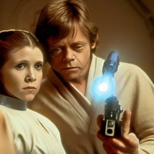 Image similar to film still of carrie fisher and mark hamill as children in new star wars movie, dramatic lighting, highly detailed face, kodak film, wide angle shot,