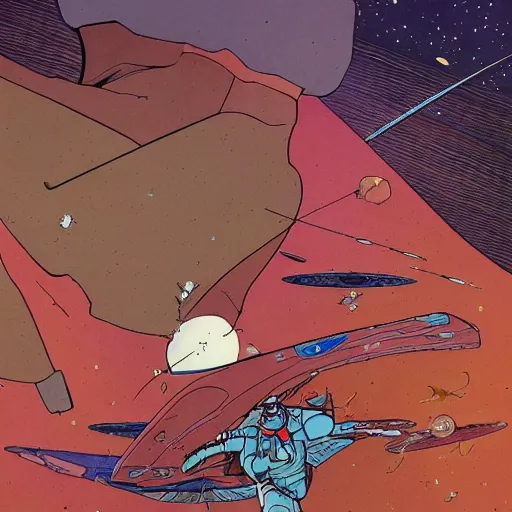 Image similar to a battle in the space, moebius style.
