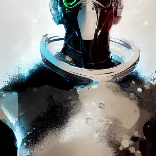 Image similar to full body portrait of a male character in sleek clothes, in a futuristic flowing white tailcoat, wearing a white full-face helmet with five round lenses for eyes, many eyes, dramatic lighting, illustration by Greg rutkowski, yoji shinkawa, 4k, digital art, concept art, trending on artstation