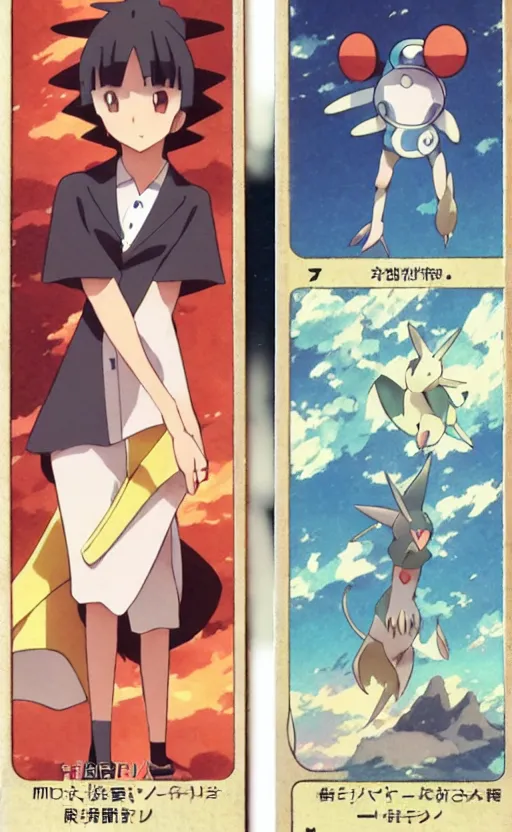 Image similar to a pokemon go card from 1 9 5 0, illustration, concept art, anime key visual, trending pixiv fanbox, by wlop and greg rutkowski and makoto shinkai and studio ghibli and kyoto animation, symmetrical facial features, pocket monster companion, front trading card cg