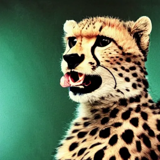 Image similar to cheetah singing in an 8 0 s rock band,